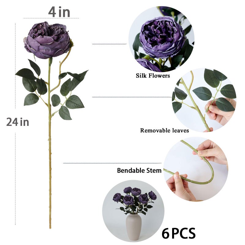 Mizii 6Pcs Burnt Purple Artificial Roses Flowers Fake Silk Roses Flower With Long Stem For Wedding Decorations Table Centerpieces Flower Arrangement Home Decor (Burnt Purple) - Image 2