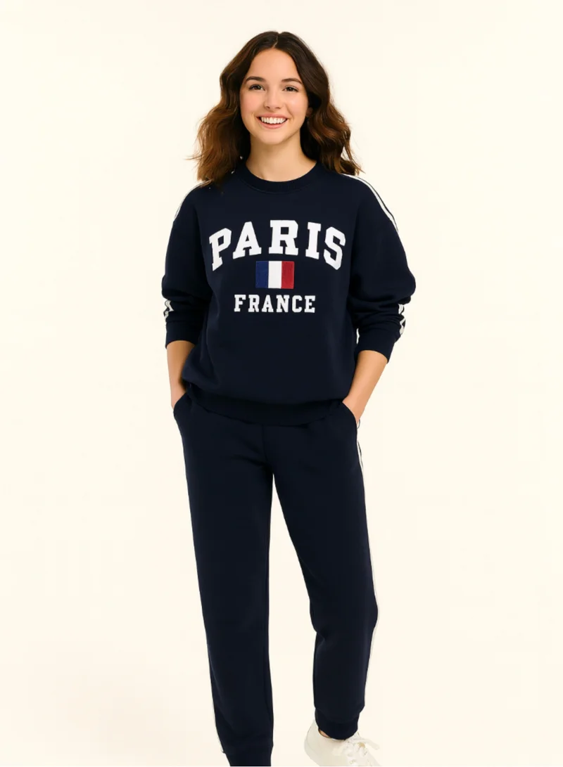victor and jane Girls “Paris France” Cotton Fleece 2-Piece Set - Navy