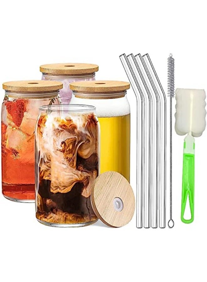 GGEROU 4 Pieces Glass Cups with Bamboo Lids and Glass Straw- Beer Can Shaped Drinking Glasses Set,Cute Boba Drinking Glasses  500ml  - Image 1