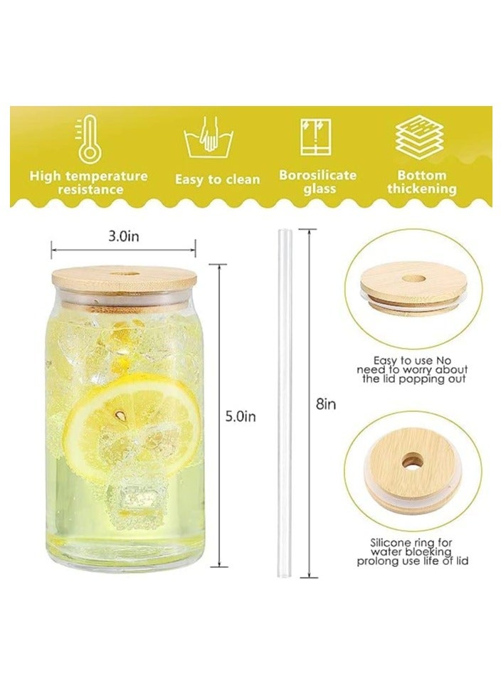 GGEROU 4 Pieces Glass Cups with Bamboo Lids and Glass Straw- Beer Can Shaped Drinking Glasses Set,Cute Boba Drinking Glasses  500ml  - Image 3