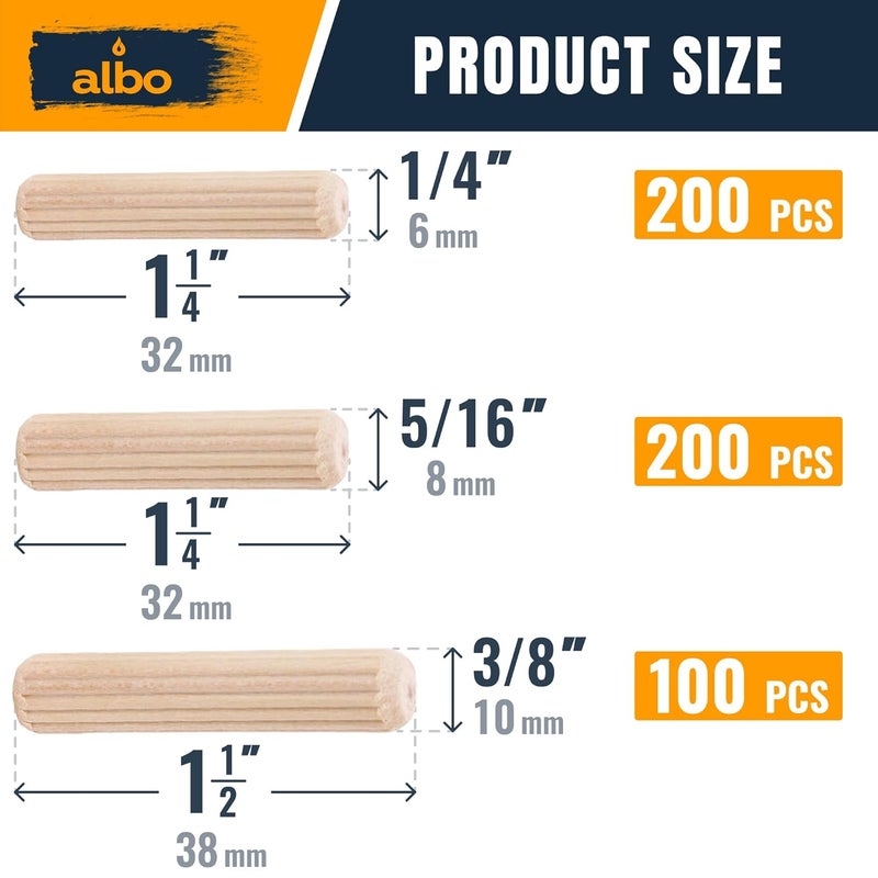 ALBO Wooden Dowel Pins 500 Pack Assorted Sizes 1/4 + 5/16 + 3/8 inch Fluted Wood Dowels Rods Hardwood Crafts Dowel Pegs - Image 3