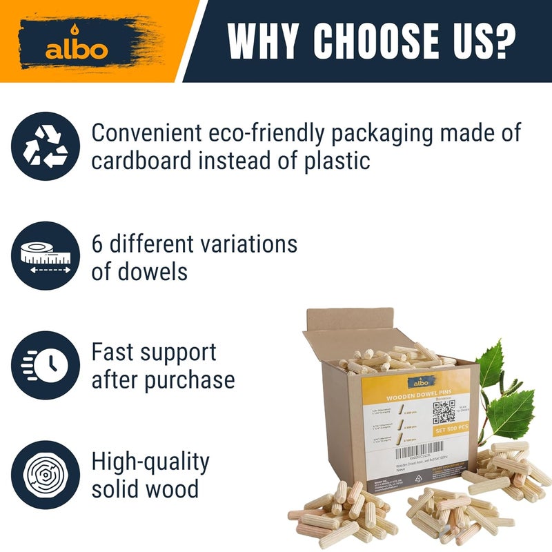 ALBO Wooden Dowel Pins 500 Pack Assorted Sizes 1/4 + 5/16 + 3/8 inch Fluted Wood Dowels Rods Hardwood Crafts Dowel Pegs - Image 4