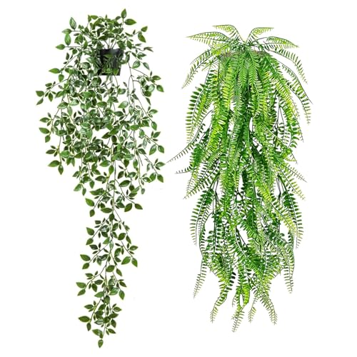 Ekhasa Nostrae Pothos Hanging Artificial Plants with Pot (Set of 2) | Persian Rattan Artificial Hanging Plants for Decor | Falling Creepers Climbers Fake Vines with Hanging Pots (Mandala, Fern) - Image 1