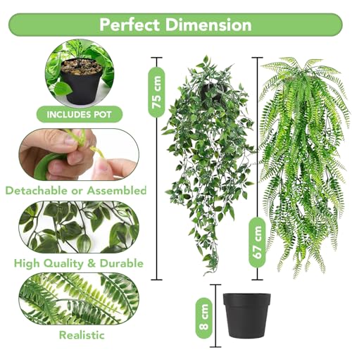 Ekhasa Nostrae Pothos Hanging Artificial Plants with Pot (Set of 2) | Persian Rattan Artificial Hanging Plants for Decor | Falling Creepers Climbers Fake Vines with Hanging Pots (Mandala, Fern) - Image 2