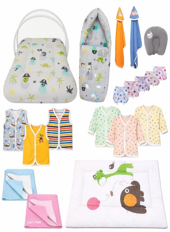 Kwitchy Newborn Baby Essentials Kit 19 Items Combo | New Born Baby Products All Set 0–6 Months | Cotton Newborn Clothes, Bedding & Baby Bed Combo (Grey) - Image 1