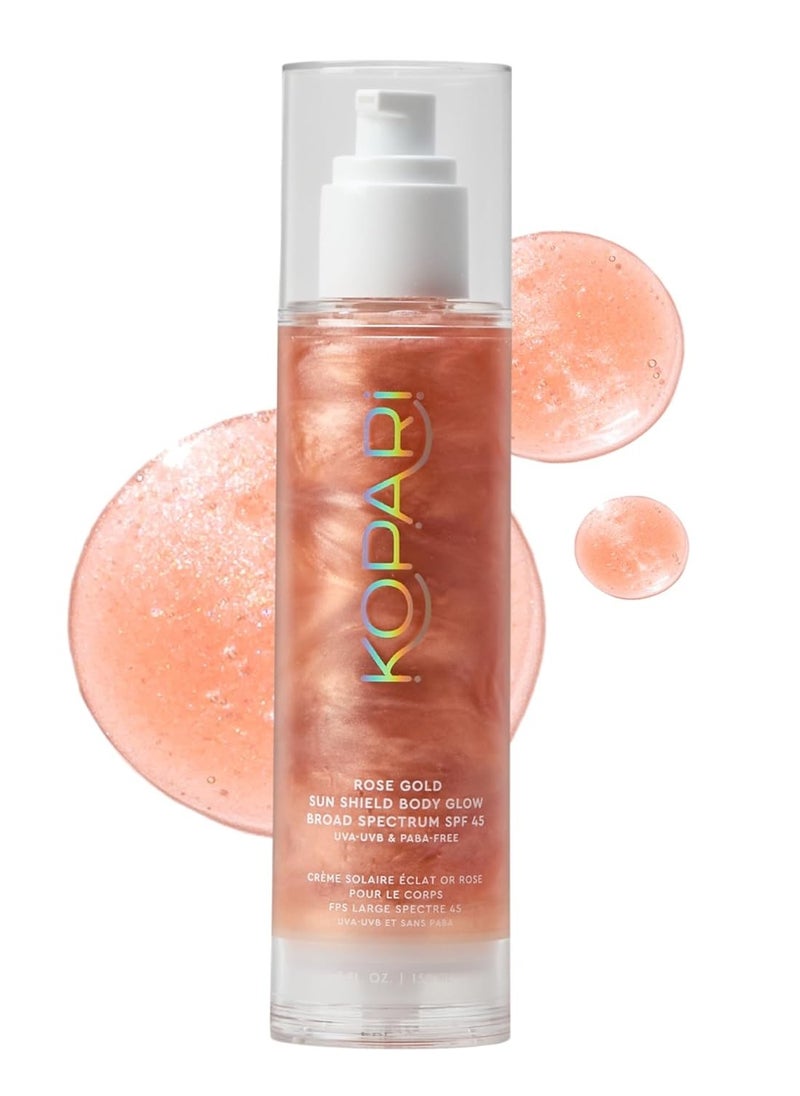 Kopari Kopari Sun Shield Body Glow - SPF 45 UV Protection Sunscreen Rose Gold Shimmer Mica - Sweat Resistant - Antioxidant Vitamin E Vegan Cruelty Free - Macadamia Hibiscus Avocado Coconut Oils 5oz  - Image 1