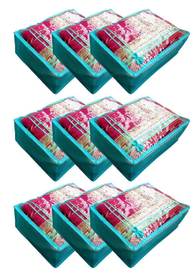 DIKHAWA Non Woven Transparent Top Saree Cover Bag, Cloth Cover Set for Storage with Zip (Set of 9_Green_43X33X18CM) - Image 1