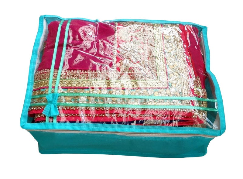 DIKHAWA Non Woven Transparent Top Saree Cover Bag, Cloth Cover Set for Storage with Zip (Set of 9_Green_43X33X18CM) - Image 5