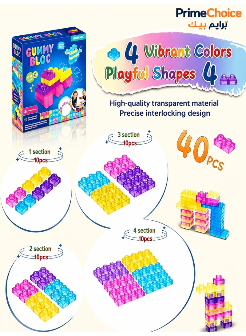 Prime Choice Gummy Bloc Soft Sensory Building Blocks - 40PCS Flexible TPR Construction Toy, Multiple Colors & Shapes, Safe for Toddlers 3+, STEM Learning & Fidget Toy for Kids - Image 1