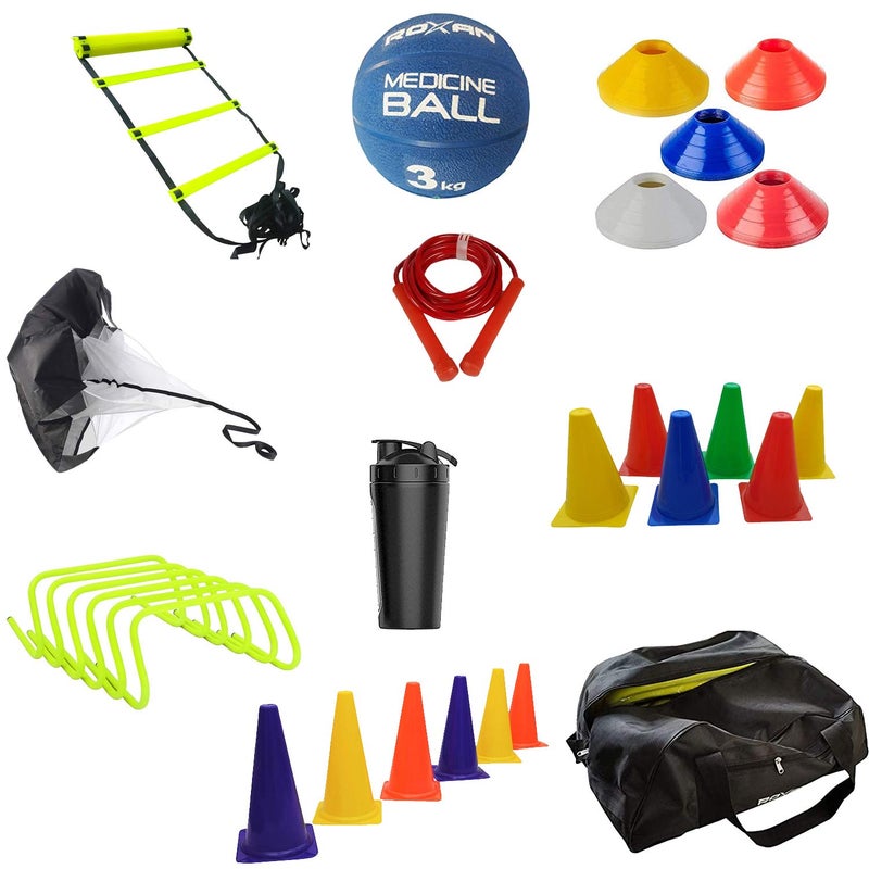 ROXAN Plastic Hurdle Combo With Marker Cone Ladder Rubber Medicine Ball (Yellow, 3Kg, 6'', 9'', 12'' 6 Inch And 9 Inch, 8M) -Pack Of 6, Cricket - Image 1