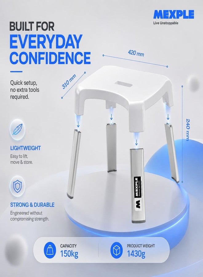 MEXPLE Xosmos 7200 Premium Shower Stool for Adults & Seniors | Anti-Rust Aluminium Legs | Anti-Slip Rubber Grip | Lightweight & Portable Bathroom Stool | Tool-Free Assembly | Up to 150 kg - Image 3