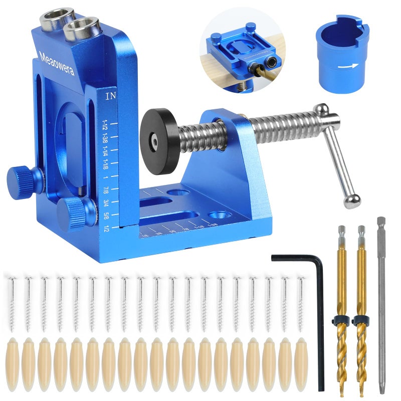 Meaowera Pocket Hole Jig Kit with Adjustable Drill Guide, Stop Collars, 30PCS Screws & Plugs, Allen Wrench â€“ Complete Woodworking Joinery System - Image 1