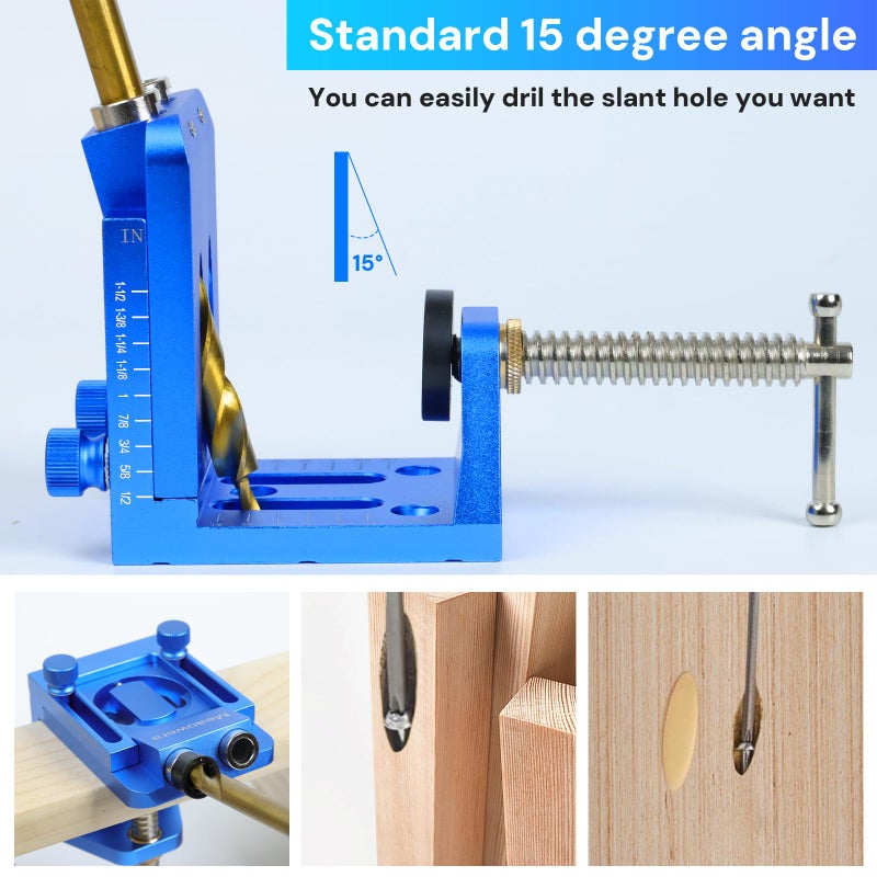 Meaowera Pocket Hole Jig Kit with Adjustable Drill Guide, Stop Collars, 30PCS Screws & Plugs, Allen Wrench â€“ Complete Woodworking Joinery System - Image 3