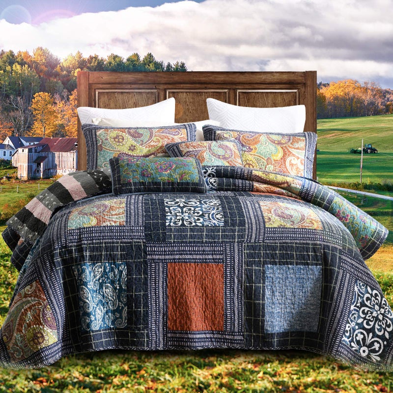 NEWLAKE Cotton Patchwork Bedspread 3Piece Bedding Quilt Set with Real Stitched Embroidery Reversible Matelasse Bed Coverlet SetVintage Flowery GridQueen Size