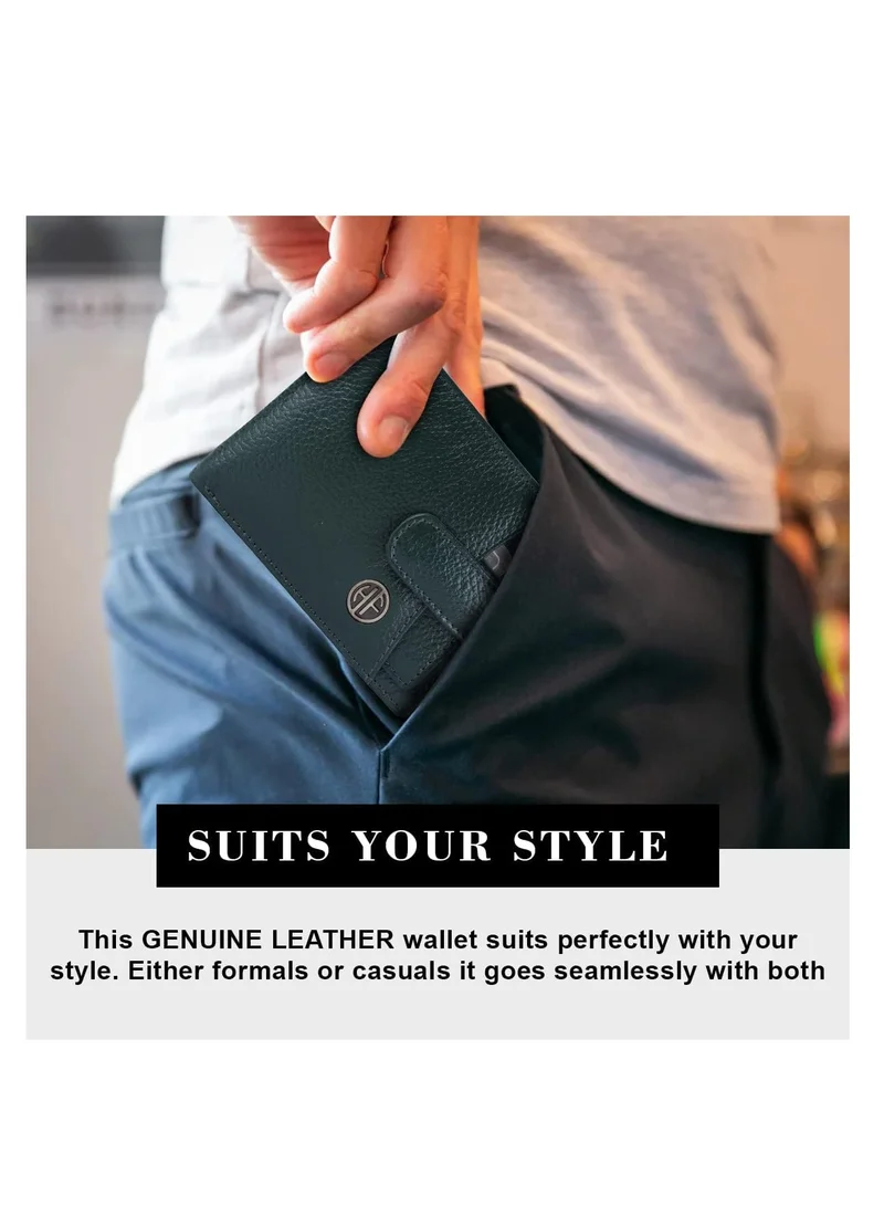  هاموندز فلاي كاتشر محفظة جلدية للرجال - محفظة جلدية محمية بتقنية RFID للرجال، محفظة نقود للرجال - 5 فتحات للبطاقات، جيب للعملات المعدنية، جيوب مخفية، زر معدني سريع - أخضر | H4CK