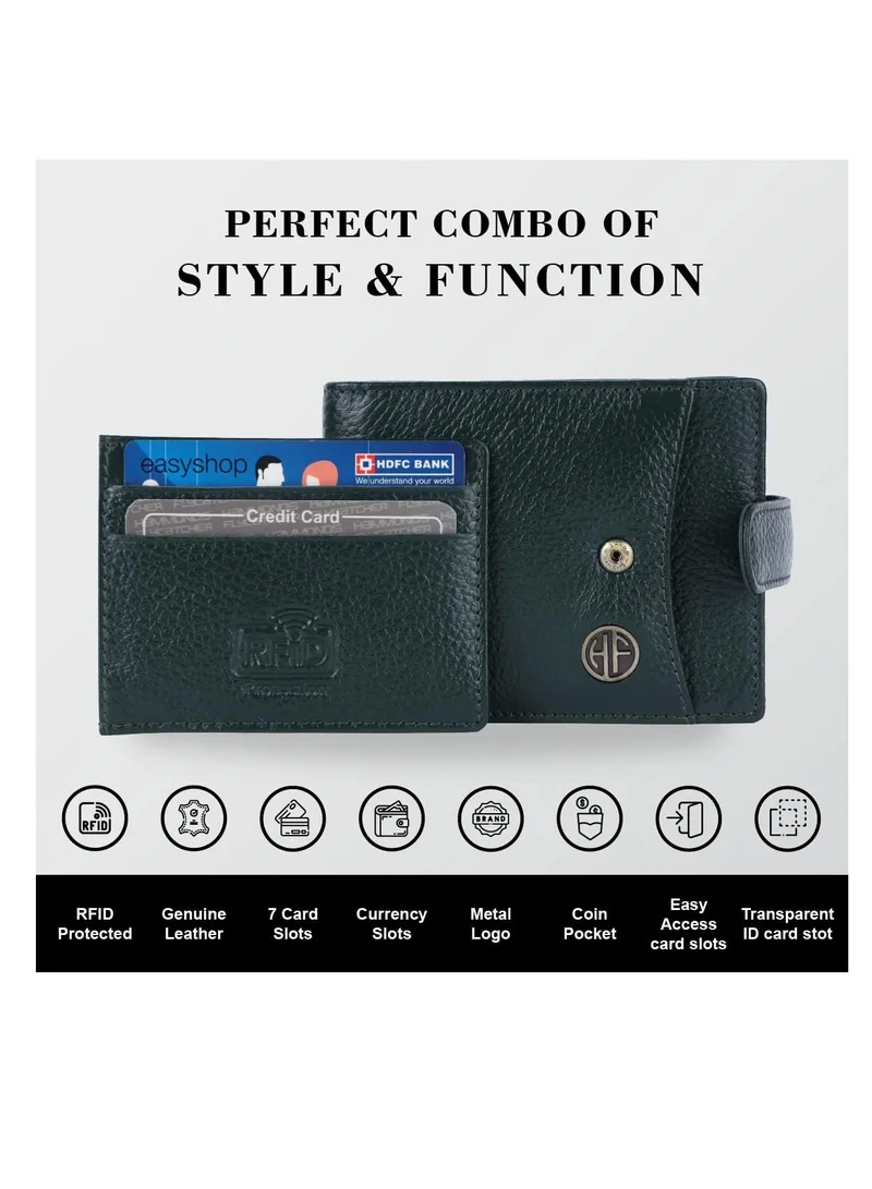 Hammonds Flycatcher Sea Green Leather Wallet for Men - RFID Protected Leather Purse for Men, Money Purse for Men - 5 Card Slots, Coin Pocket, Hidden Pockets, Metal Snap Button - Green | H4CK  | Best Price UAE