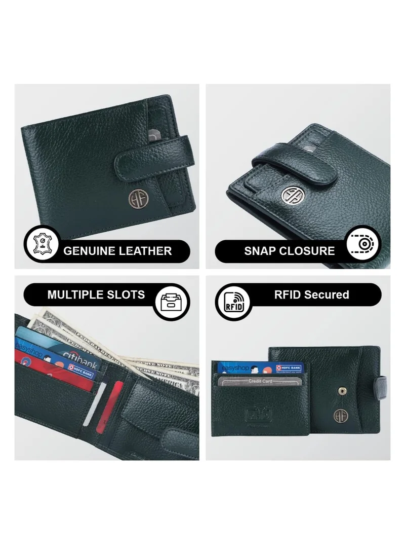 Hammonds Flycatcher Sea Green Leather Wallet for Men - RFID Protected Leather Purse for Men, Money Purse for Men - 5 Card Slots, Coin Pocket, Hidden Pockets, Metal Snap Button - Green | H4CK  | Best Price UAE