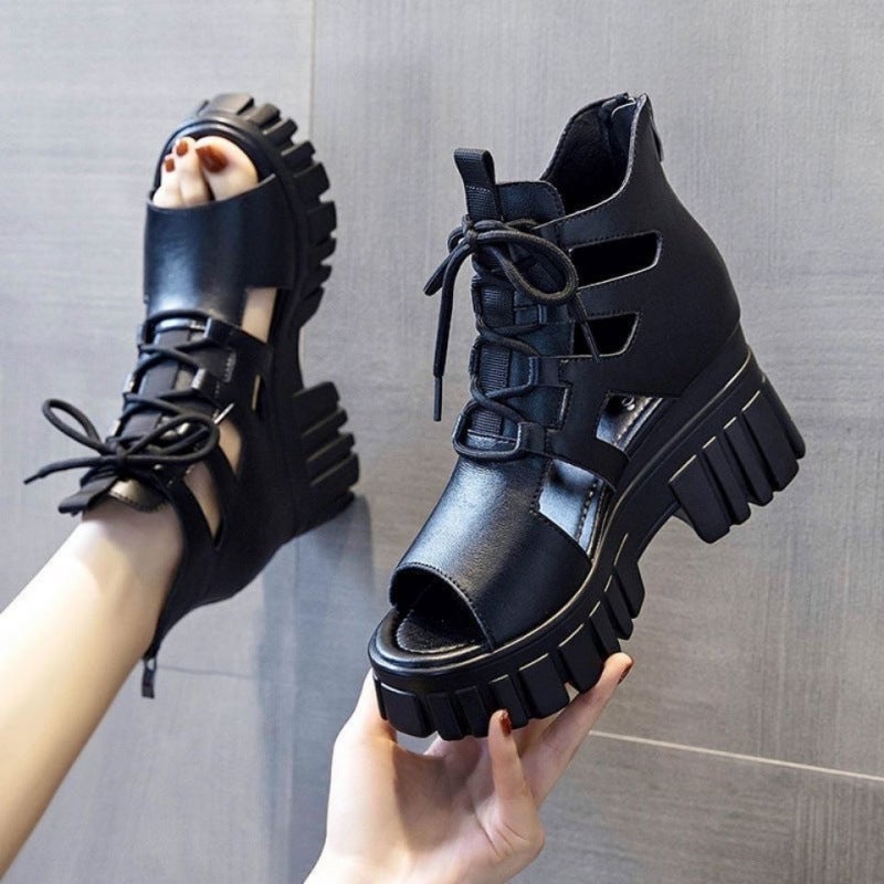 Summer Hollow Breathable Slim Look Roman Sandals All-Match High Platform Boots Slope Platform Shoes - Image 2