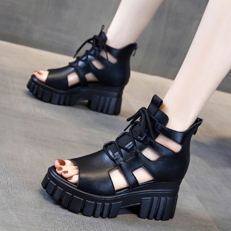 Summer Hollow Breathable Slim Look Roman Sandals All-Match High Platform Boots Slope Platform Shoes - Image 1