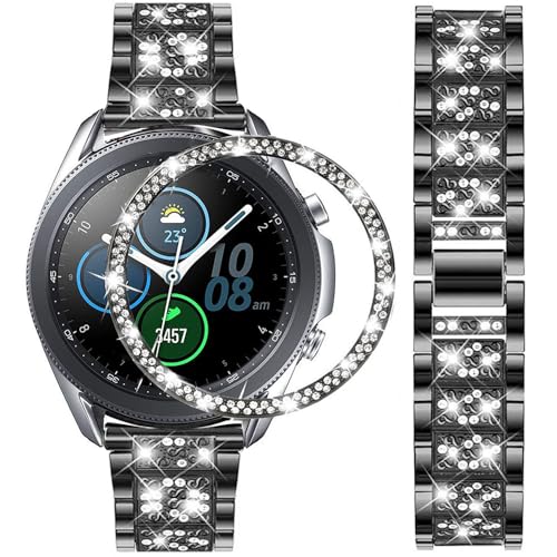 DEALELE Bands Compatible with Samsung Galaxy Watch 3 (41mm), 20mm Bling Diamond Stainless Steel Metal Bracelet with Rhinestone Bezel Ring Case Cover Replacement for Women Men (Black) - Image 1