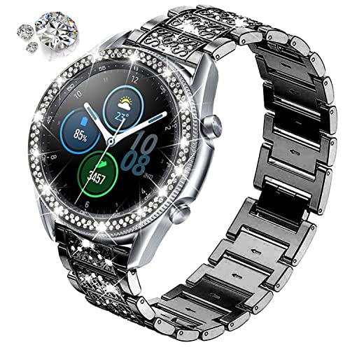 DEALELE Bands Compatible with Samsung Galaxy Watch 3 (41mm), 20mm Bling Diamond Stainless Steel Metal Bracelet with Rhinestone Bezel Ring Case Cover Replacement for Women Men (Black) - Image 2