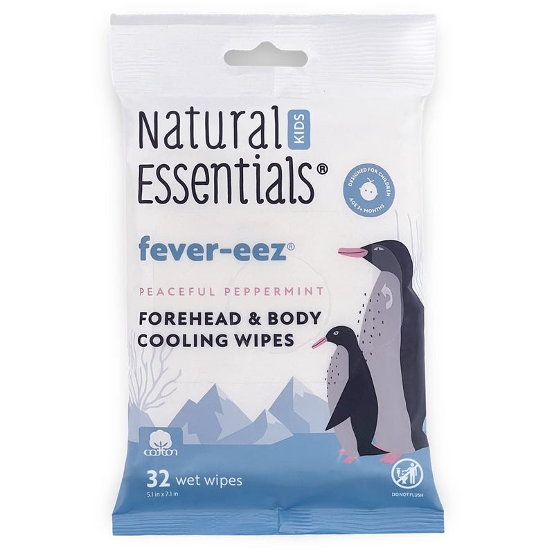 Natural Essentials منتجات طبيعية فيفر-إيز لتخفيف حمى الأطفال، مناديل مهدئة للجبهة والجسم للأطفال، توفر إحساسًا بالبرودة الفورية أثناء الحمى، وارتفاع درجات حرارة الجسم، والهبات الساخنة - Image 1