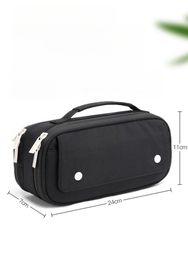 Large Capacity 5 Layer Pencil Case with Handle Front Snap Pocket School Student Stationery Bag BLACK - Image 2