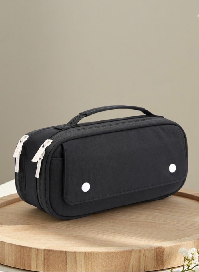 Large Capacity 5 Layer Pencil Case with Handle Front Snap Pocket School Student Stationery Bag BLACK - Image 1