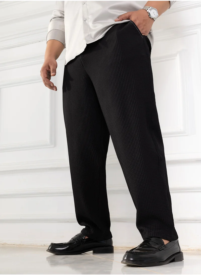 Instafab Plus Instafab Plus Men's Onyx Black Textured Graph Check Trousers For Casual Wear | Mid-Rise | Regular Fit | Hook & Zip Closure | Plus Size Trousers Crafted With Comfort Fit For Everyday Wear