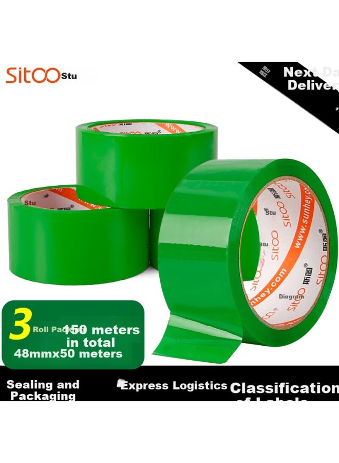 Colored Tape, Labeling Classification Tape, Packaging Tape, Express Delivery Tape, Transparent Tape, Green, 48mm*50m, 3 Rolls