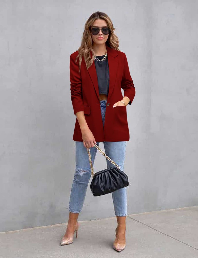 CRAZY GRID Womens Casual Blazer Long Sleeve Business Suit Jacket Open Front Button Work Office Blazer Jacket Fashion Dressy Plus Size Ladies Blazer Purplish Red Size 3X-Large - Image 4