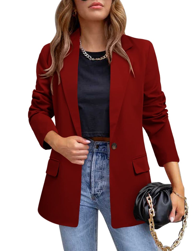 CRAZY GRID Womens Casual Blazer Long Sleeve Business Suit Jacket Open Front Button Work Office Blazer Jacket Fashion Dressy Plus Size Ladies Blazer Purplish Red Size 3X-Large - Image 1