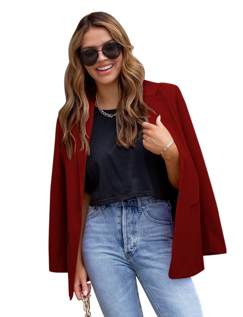 CRAZY GRID Womens Casual Blazer Long Sleeve Business Suit Jacket Open Front Button Work Office Blazer Jacket Fashion Dressy Plus Size Ladies Blazer Purplish Red Size 3X-Large - Image 2
