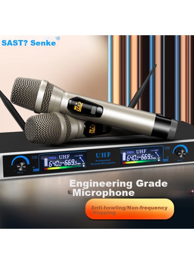 Sast Ok-105 Handheld Dual Wireless Microphone, Uhf Adjustable Frequency Professional Microphone, 100-meter Transmission, For Speech Home Broadcasting, Weddings, And Ktv - Image 1