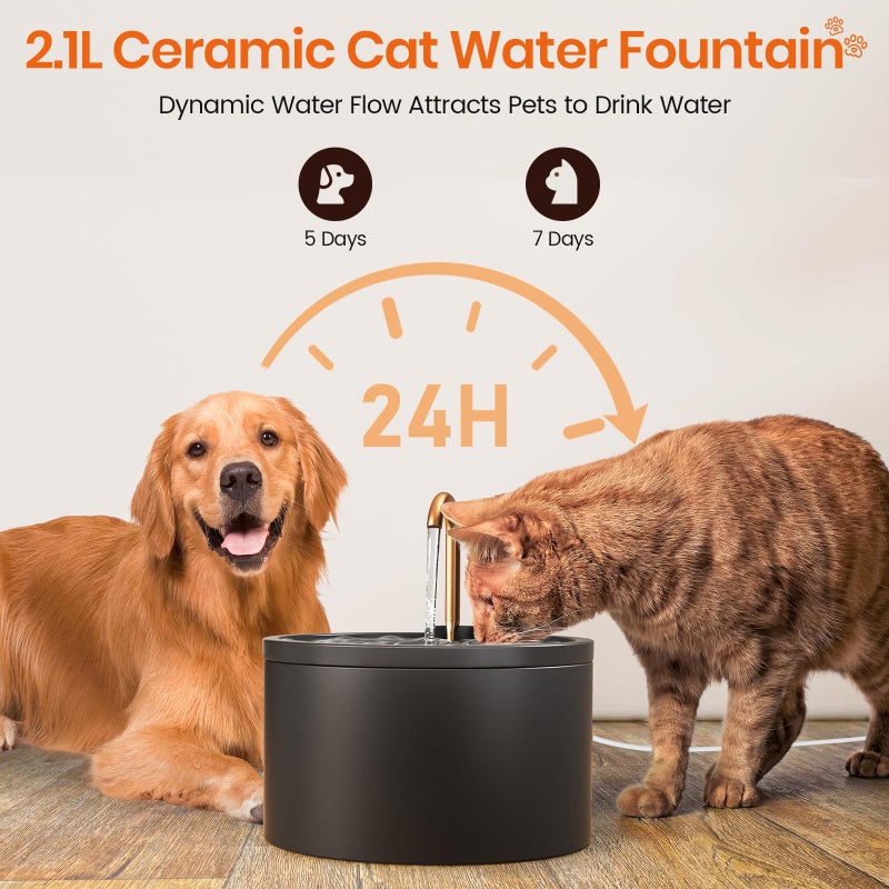 MISFANS Ceramic Cat Water Fountain - 2.1L/71oz - All-Ceramic Body & Pure Copper Water Spout - Non-Toxic - Automatic Pet Drinking Fountain Indoor with Ultra-Quiet Pump, and 3Pcs Filter & Sponge (Black) - Image 5