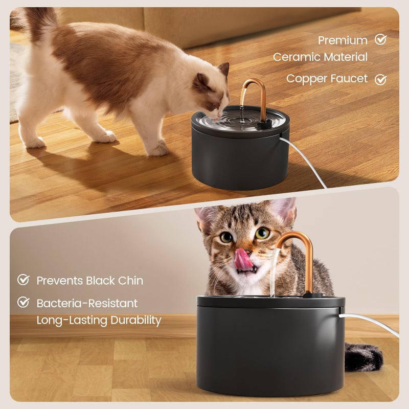 MISFANS Ceramic Cat Water Fountain - 2.1L/71oz - All-Ceramic Body & Pure Copper Water Spout - Non-Toxic - Automatic Pet Drinking Fountain Indoor with Ultra-Quiet Pump, and 3Pcs Filter & Sponge (Black) - Image 4