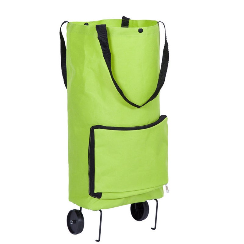 1Pc Folding Shopping Cart Bag Shopping Cart Portable Oxford Cloth Grocery Tote Pulling Wheel Market Trolley (Green) - Image 1