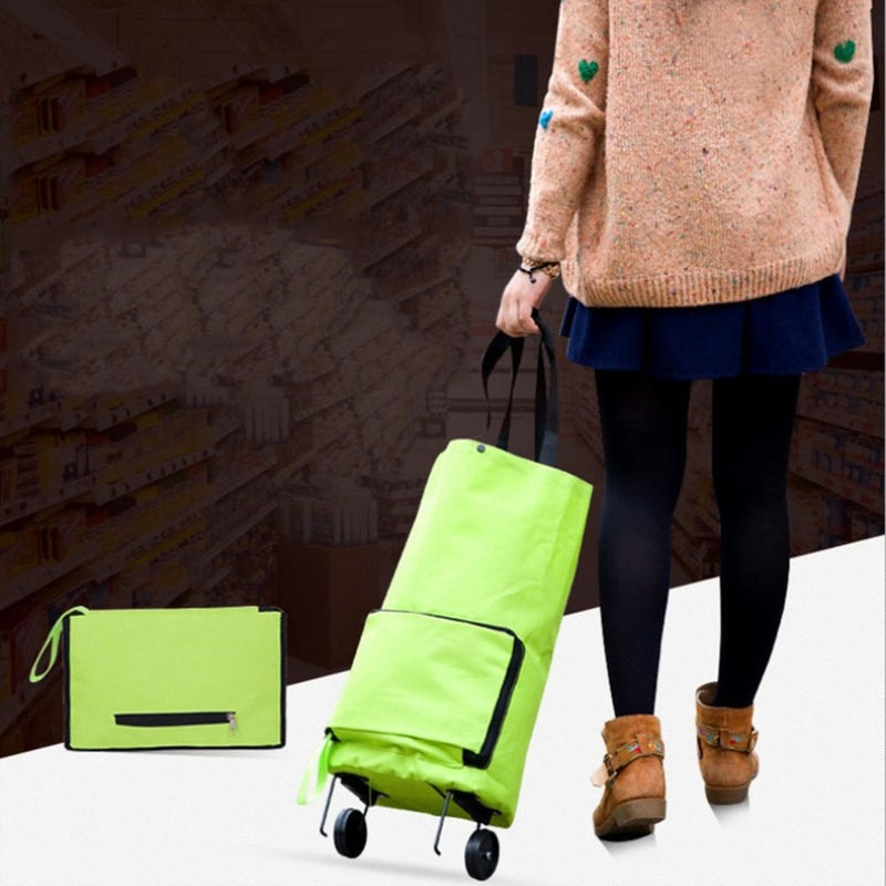 1Pc Folding Shopping Cart Bag Shopping Cart Portable Oxford Cloth Grocery Tote Pulling Wheel Market Trolley (Green) - Image 4