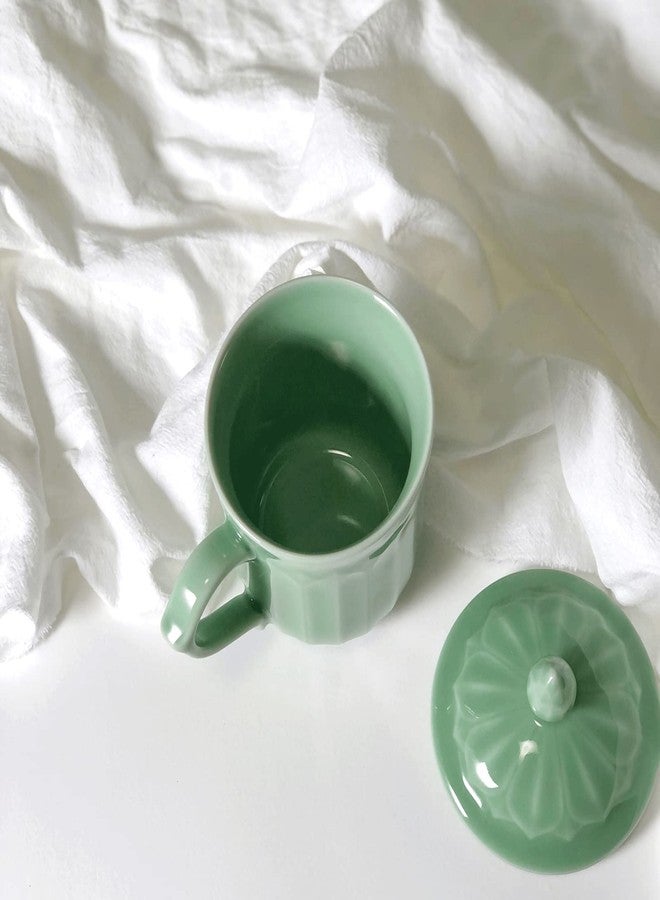 Tingyework Porcelain Lotus Tea Cup with Lid and Handle, 12 oz Unique Coffee Mug, Microwave Dishwasher Safe, Gifts for Women and Men, Aesthetic Chinese Celadon 1 Pack (Olive Green) - Image 3