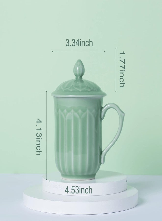 Tingyework Porcelain Lotus Tea Cup with Lid and Handle, 12 oz Unique Coffee Mug, Microwave Dishwasher Safe, Gifts for Women and Men, Aesthetic Chinese Celadon 1 Pack (Olive Green) - Image 2