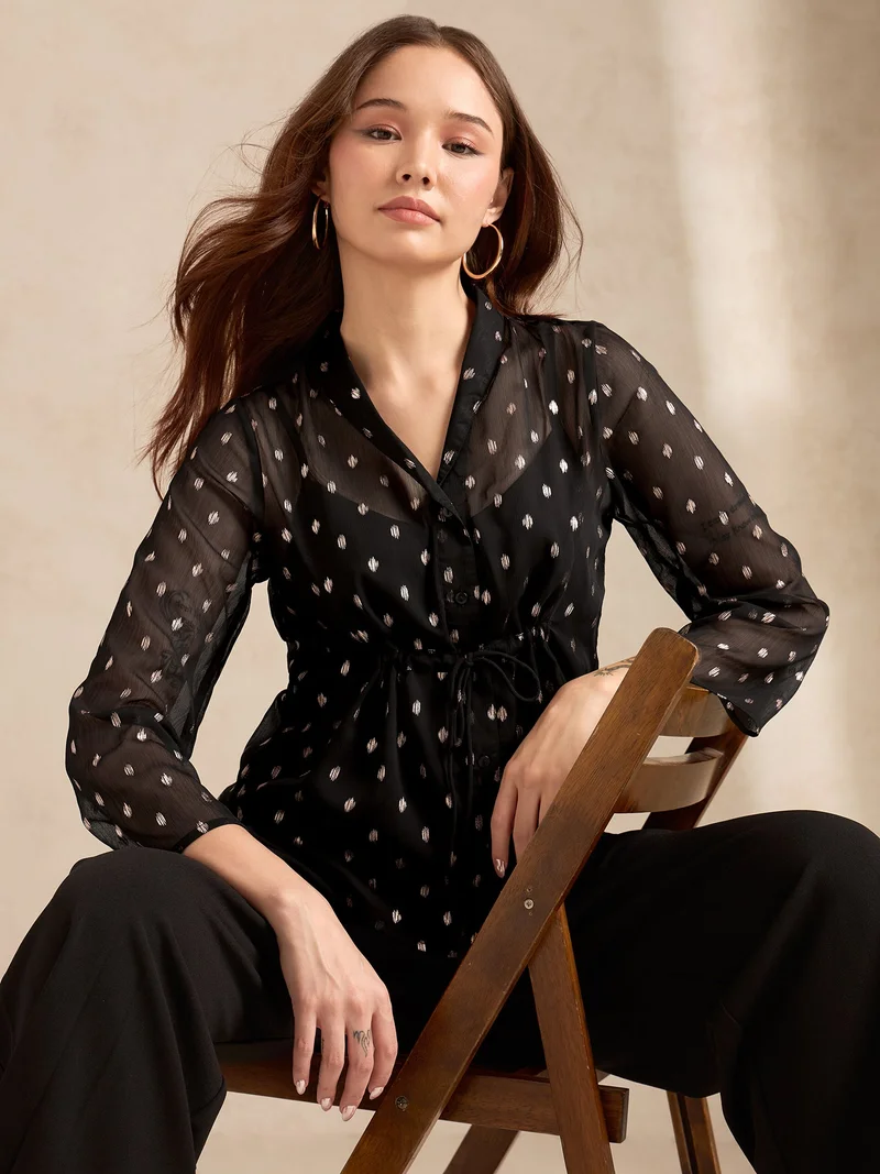 OUTZIDR Black Printed Lapel Collar Blouse With Drastring Waist Detail