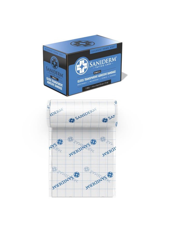 Saniderm Original Tattoo Aftercare Bandage (Small Roll, 4 in x 8 yd) – Convenient, Faster Tattoo Healing and Protection – Sterile, Waterproof, and Latex-Free Tattoo Aftercare Wrap – Gloss Finish - Image 1