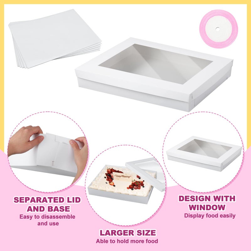 Chivertion 5 Set Full Sheet Cake Box 26 x 18 x 4 Inch with Cake Boards and Pink Satin Ribbon Large Rectangle Bakery Boxes with Window White Bakery Boxes for Packaging Cupcakes Muffins Pie - Image 3