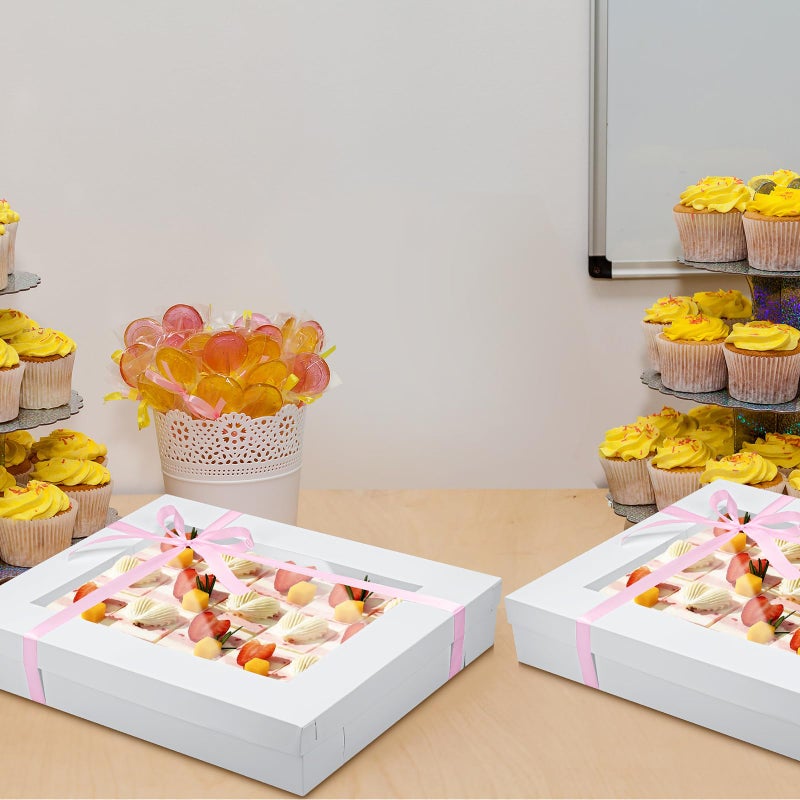 Chivertion 5 Set Full Sheet Cake Box 26 x 18 x 4 Inch with Cake Boards and Pink Satin Ribbon Large Rectangle Bakery Boxes with Window White Bakery Boxes for Packaging Cupcakes Muffins Pie - Image 5