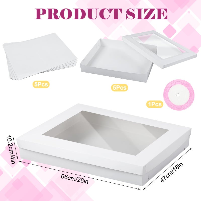 Chivertion 5 Set Full Sheet Cake Box 26 x 18 x 4 Inch with Cake Boards and Pink Satin Ribbon Large Rectangle Bakery Boxes with Window White Bakery Boxes for Packaging Cupcakes Muffins Pie - Image 2