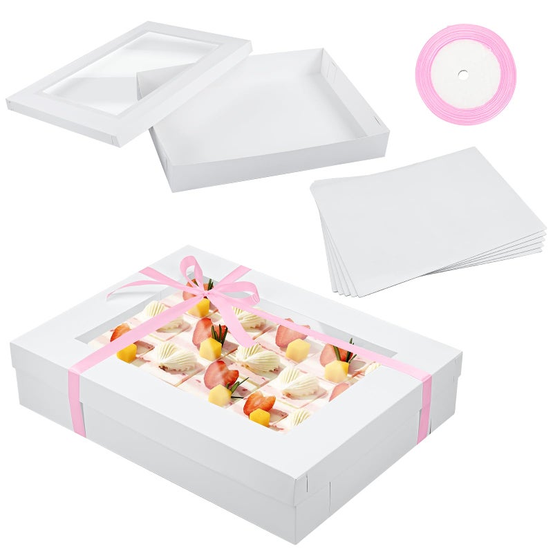 Chivertion 5 Set Full Sheet Cake Box 26 x 18 x 4 Inch with Cake Boards and Pink Satin Ribbon Large Rectangle Bakery Boxes with Window White Bakery Boxes for Packaging Cupcakes Muffins Pie - Image 1