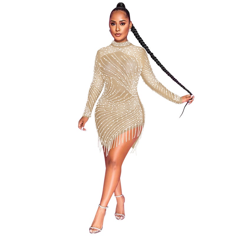 X5216 cross-border new product Europe and the United States sexy nightclub mesh perspective hot diamond bubble beads fringed round neck long-sleeved dress X5216-Beige XL - Image 1