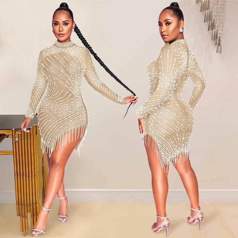 X5216 cross-border new product Europe and the United States sexy nightclub mesh perspective hot diamond bubble beads fringed round neck long-sleeved dress X5216-Beige XL - Image 4