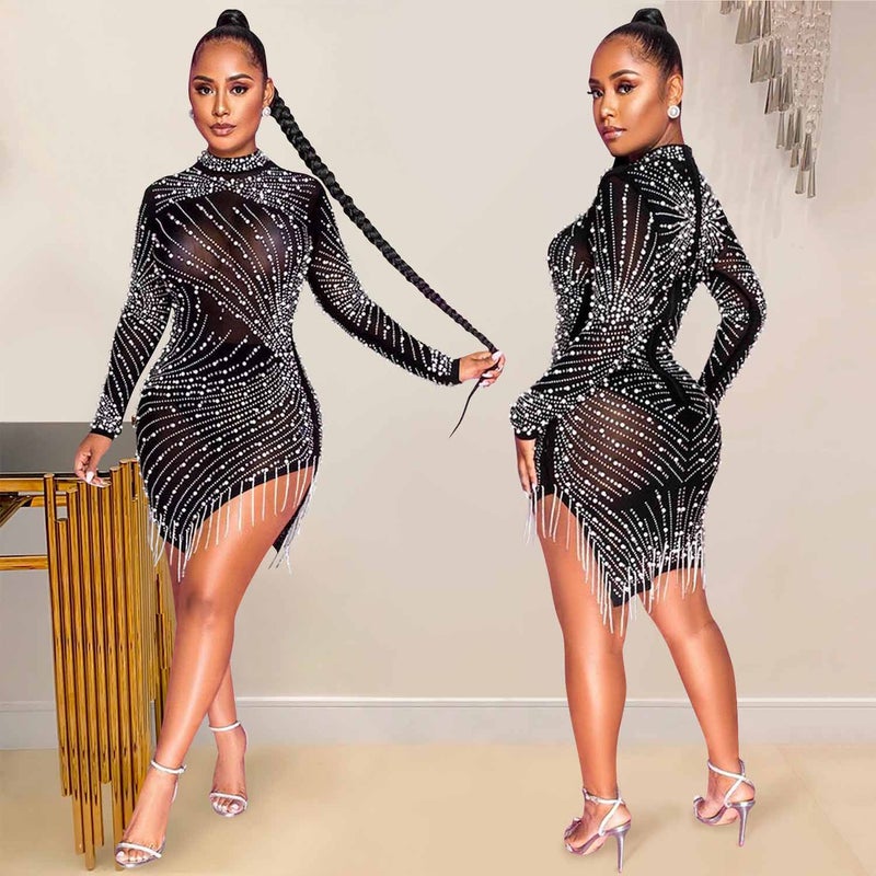 X5216 cross-border new product Europe and the United States sexy nightclub mesh perspective hot diamond bubble beads fringed round neck long-sleeved dress X5216-Beige XL - Image 3