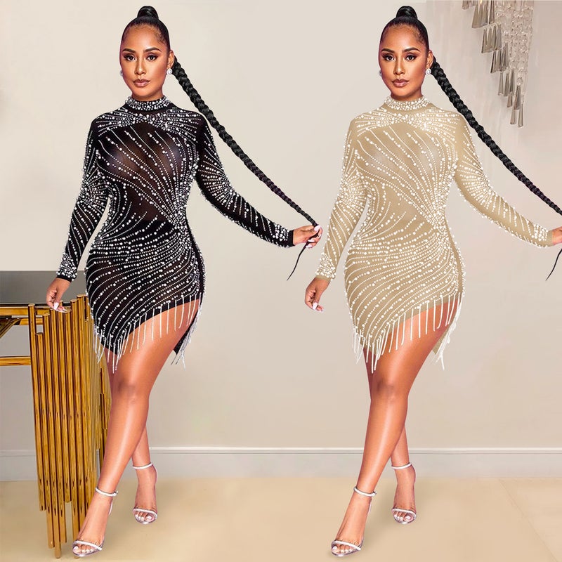 X5216 cross-border new product Europe and the United States sexy nightclub mesh perspective hot diamond bubble beads fringed round neck long-sleeved dress X5216-Beige XL - Image 2